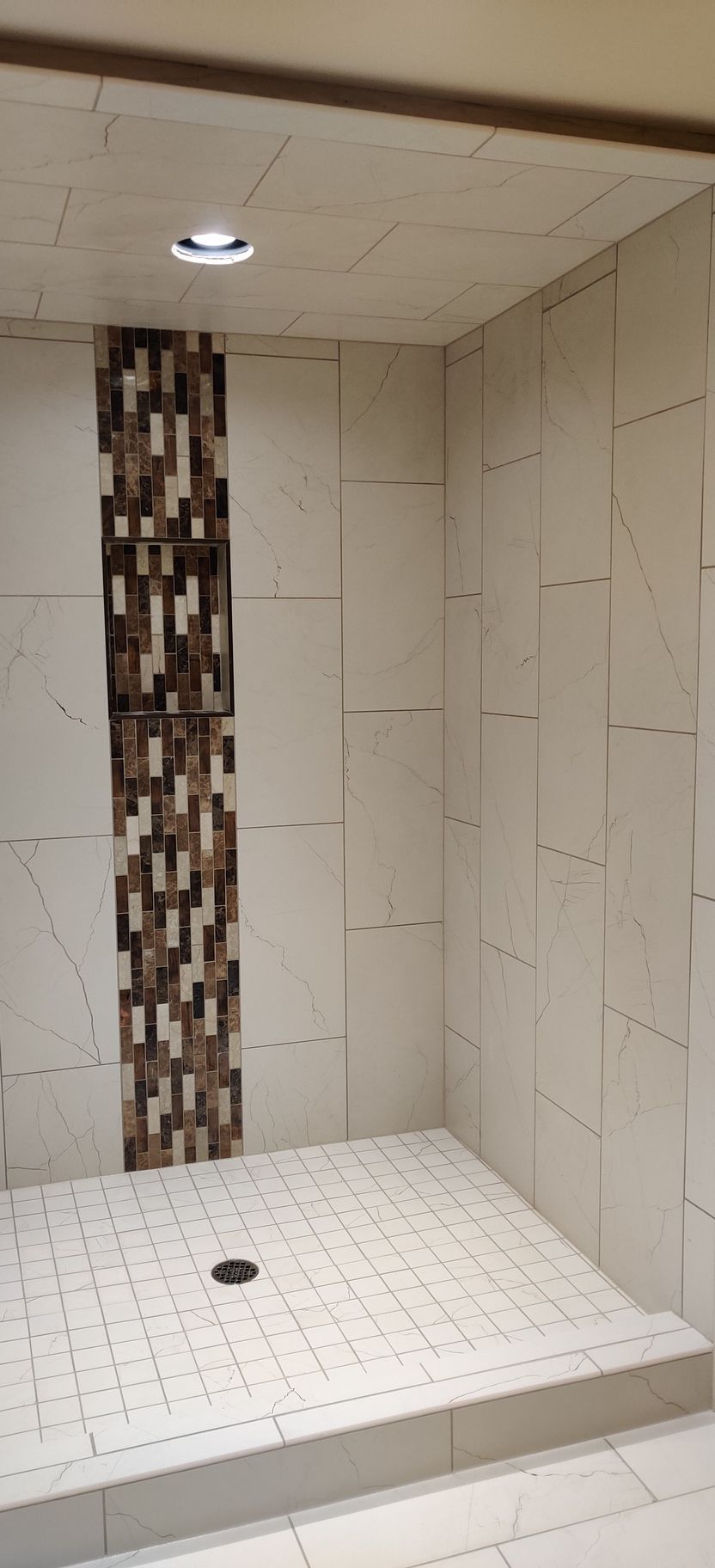 Modern tiled shower stall with recessed light and dark accent tile strip.