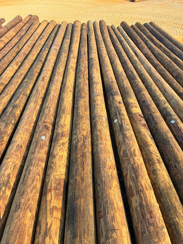 A parallel row of weathered, cylindrical wooden utility poles resting on a gravel surface.