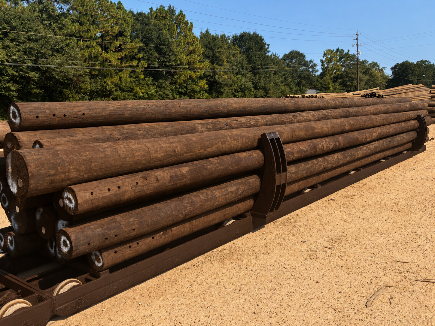 Stacked poles beside trees under a blue sky