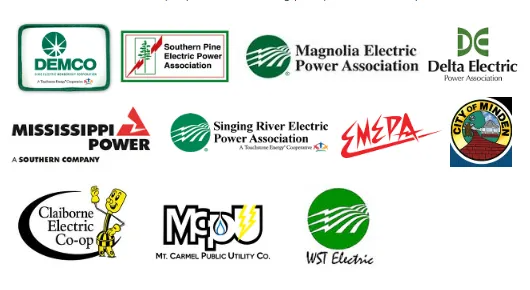 Logos of various electric power companies, including DEMCO, Mississippi Power, and Magnolia Electric.