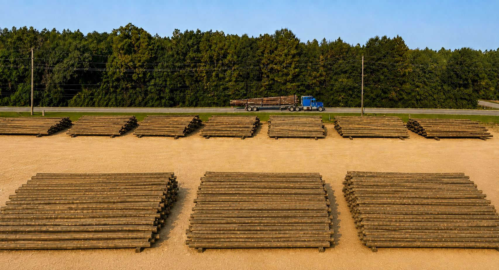 Stacks of cut poles in a field with trees and a blue truck in the background