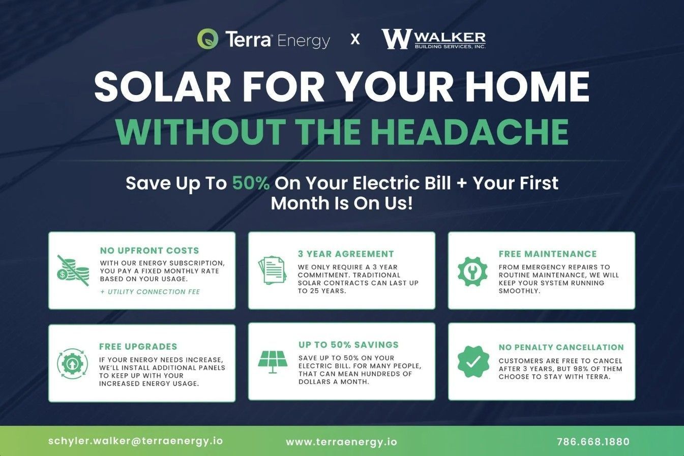 Solar energy ad on blue-green background: “Solar for your home without the headache” and savings offer.