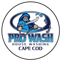Pro Wash Cape Cod logo: A fisherman spraying water. Blue and white colors.