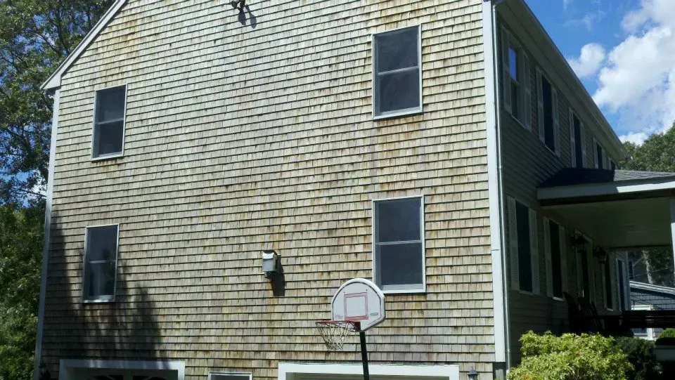 Shingled house exterior with four windows, basketball hoop, and green siding on an adjoining section.