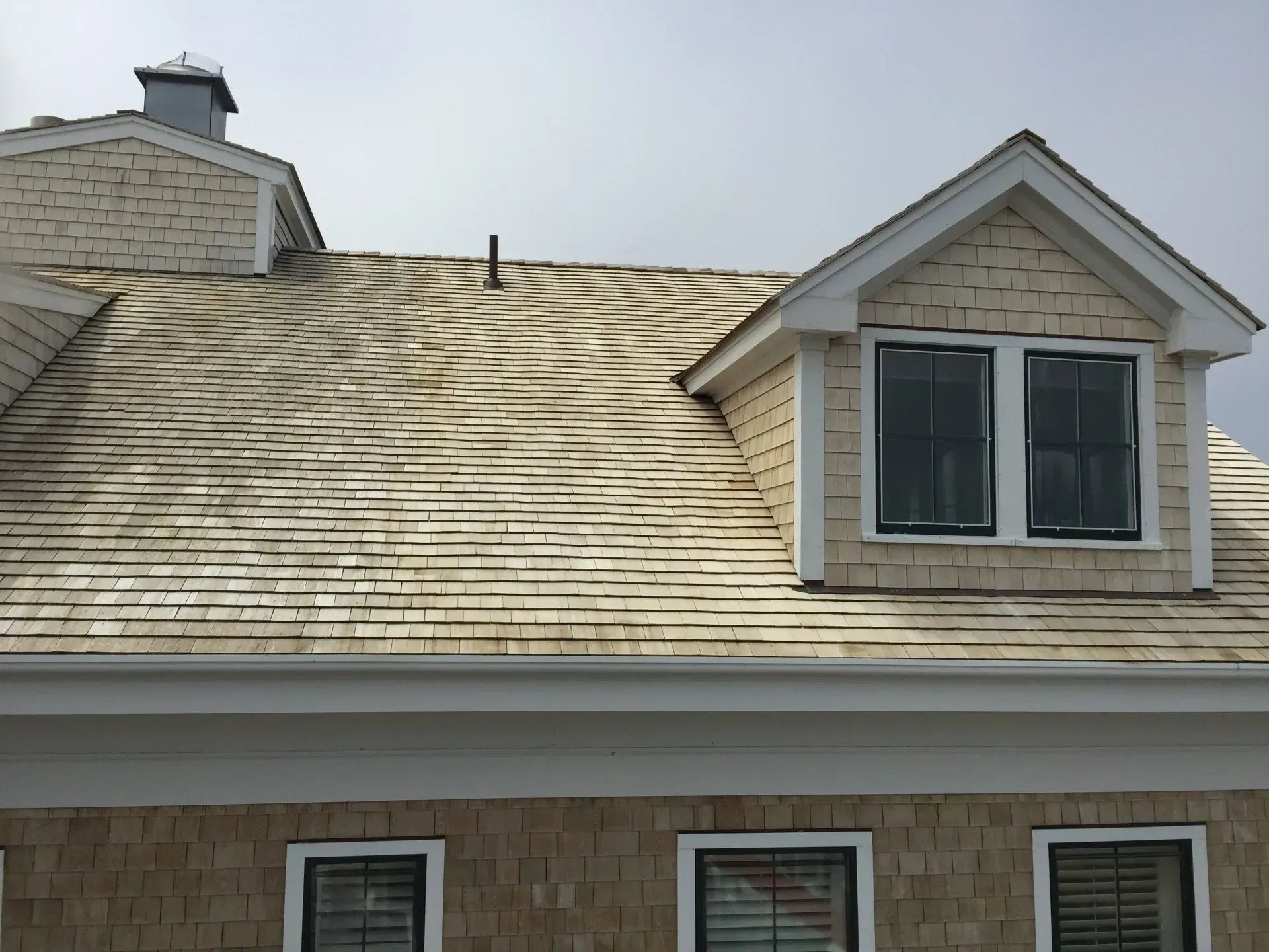 Beige shingle roof with swirling dark stains. Dormer window and chimney visible. White trim.