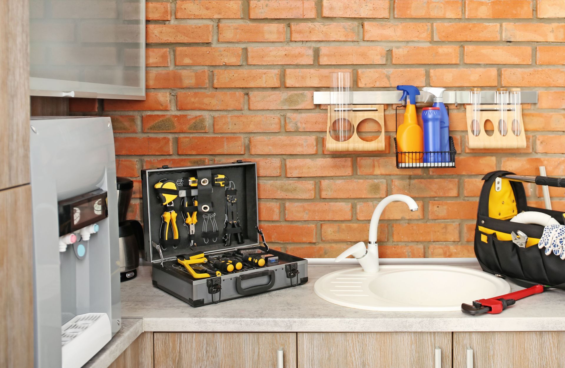 A plumber's tools laid out on a countertop in front of a sink, near a brick wall. A water cooler and cabinet are on the left.