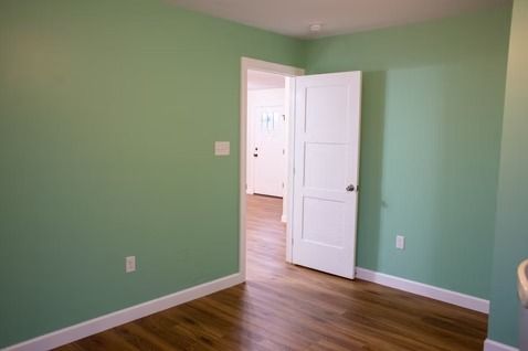 Empty room with green walls, white door, and wood-look flooring.