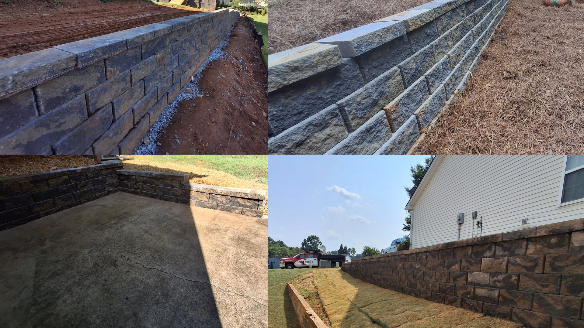 A collage of four pictures of a retaining wall being built.