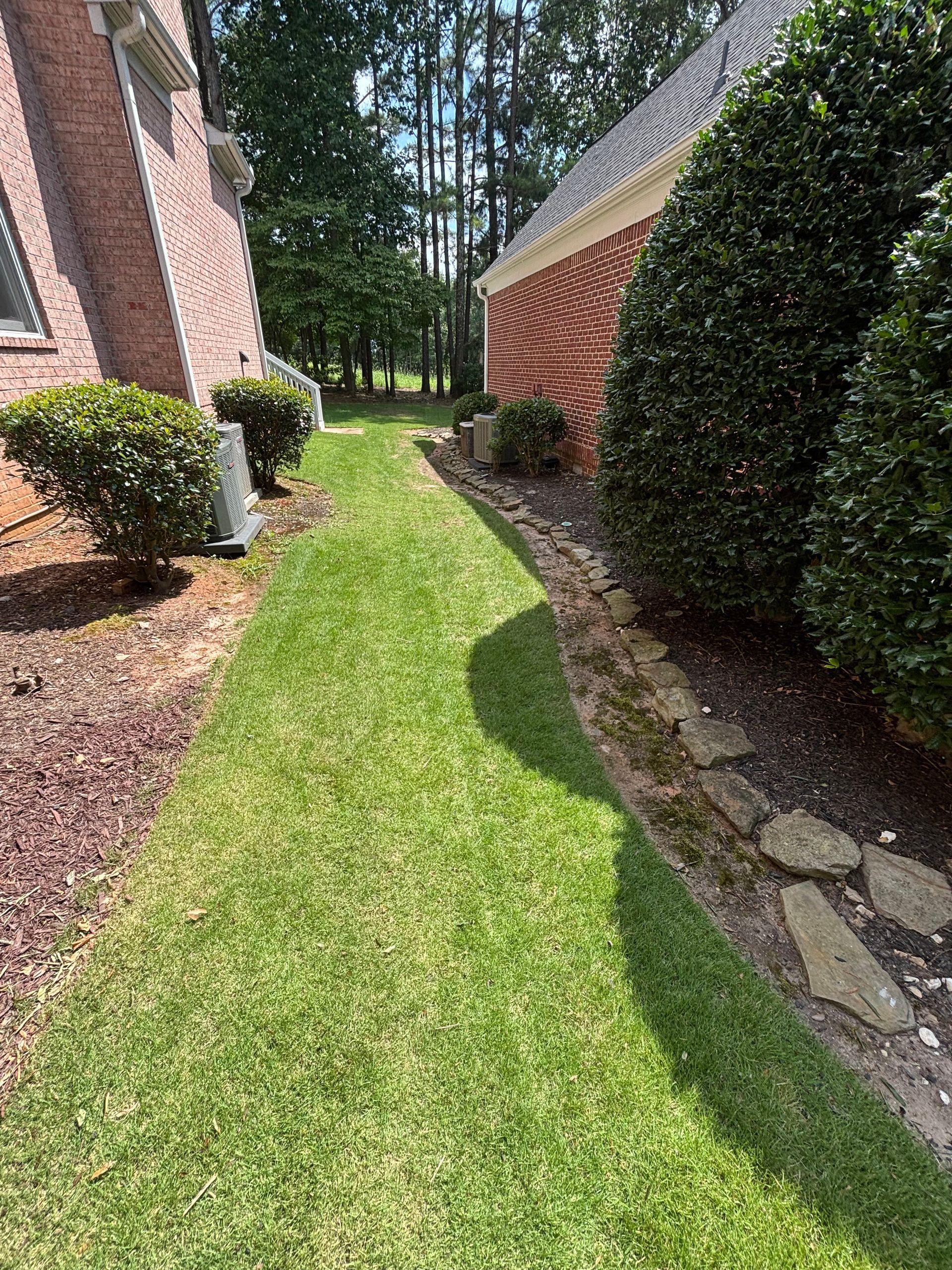 A lush green lawn next to a brick house with trees in the background.