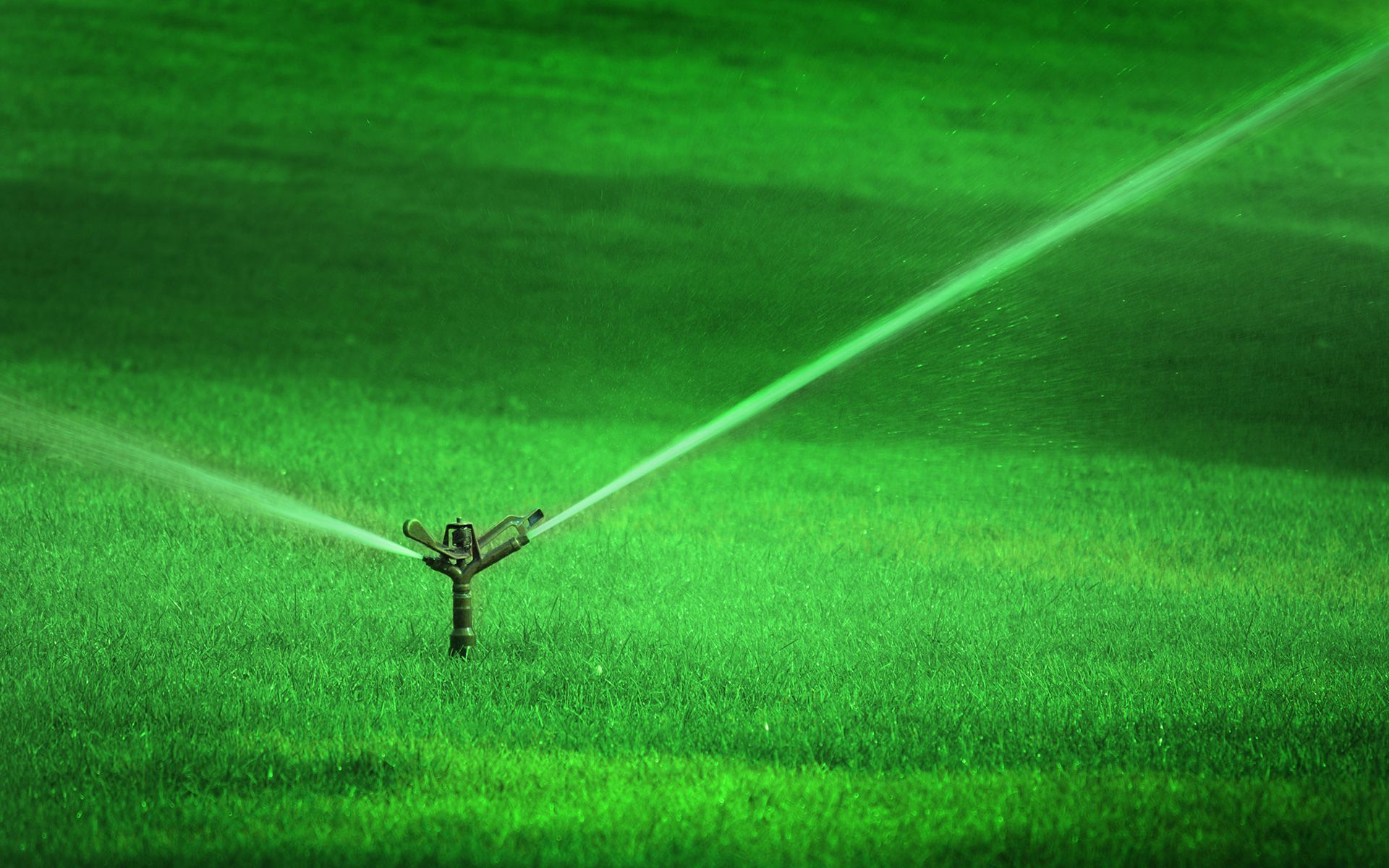 A sprinkler is spraying water on a lush green field.