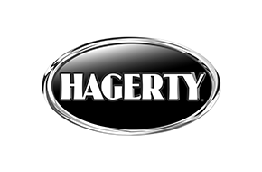 Hagerty logo with the company name in white letters, inside a black oval with a silver border.