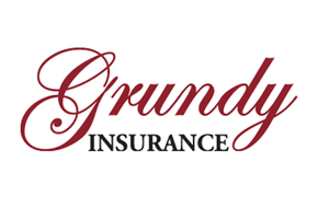 Grundy Insurance logo in burgundy and black; script font 