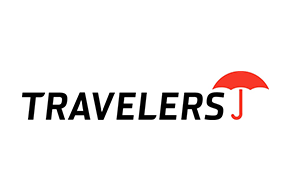 Travelers insurance logo: black text with red umbrella icon.