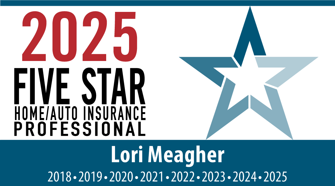 2025 Five Star Home/Auto Insurance Professional badge for Lori Meagher, with a blue star and years of recognition from 2018-2025.