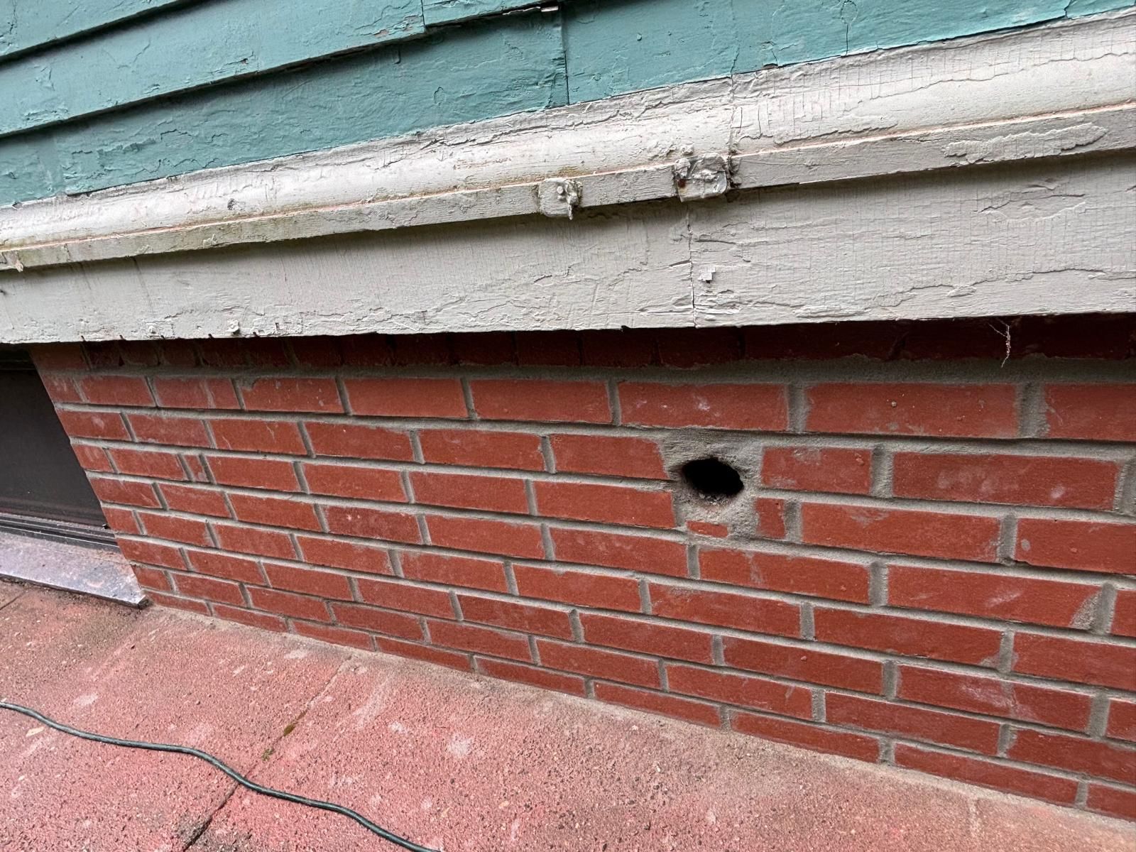 Brick foundation of a building with a dark hole in it. Above is green siding with white trim.