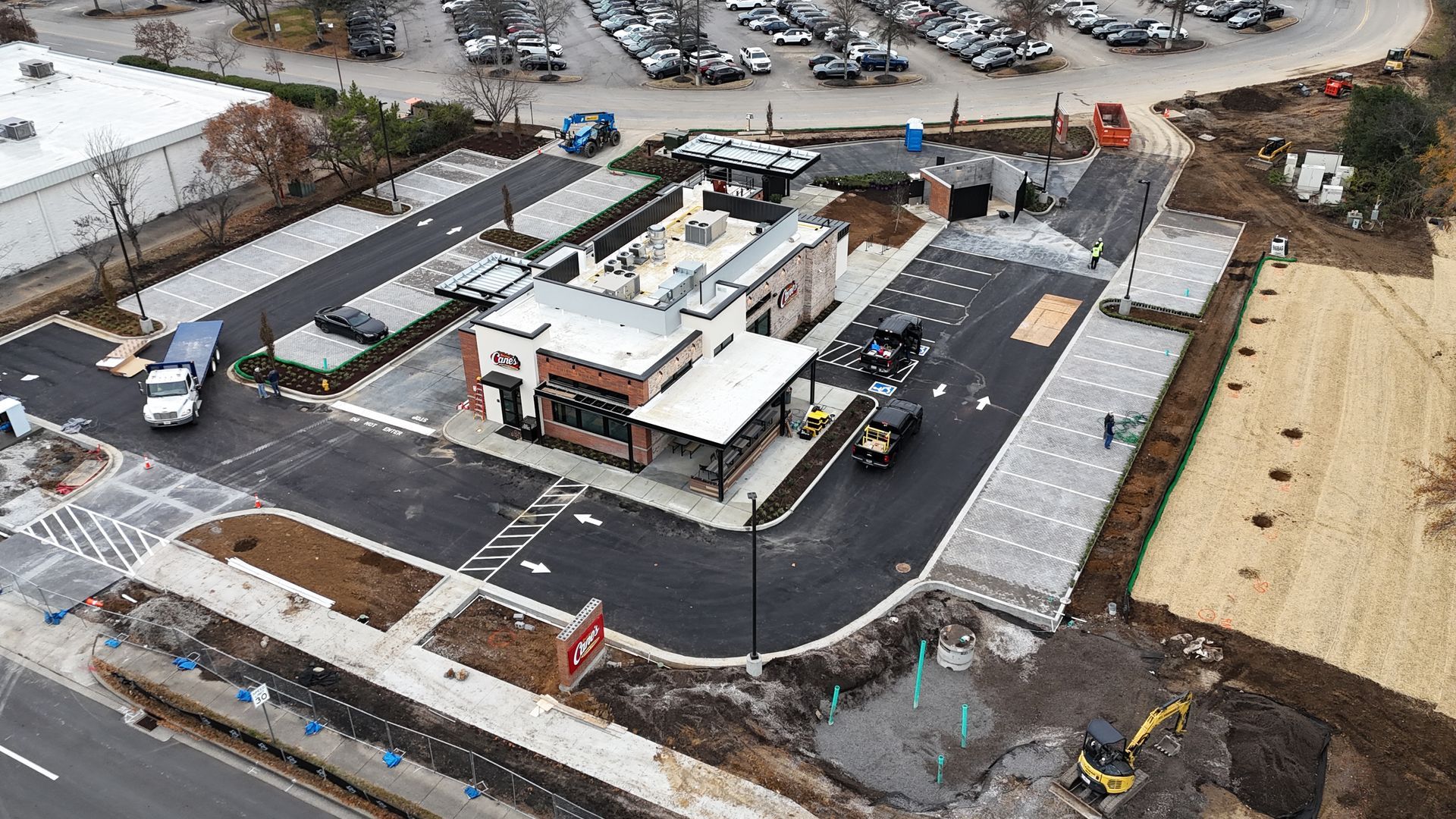 An aerial view of a fast food restaurant under construction.