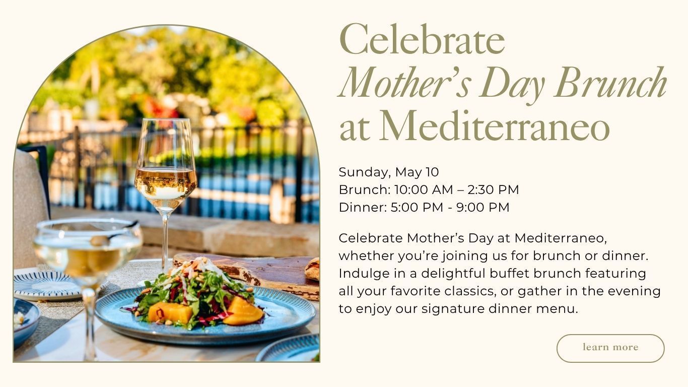 A Mother's Day brunch announcement for Mediterraneo, featuring a table setting with food and drinks by a patio pool.