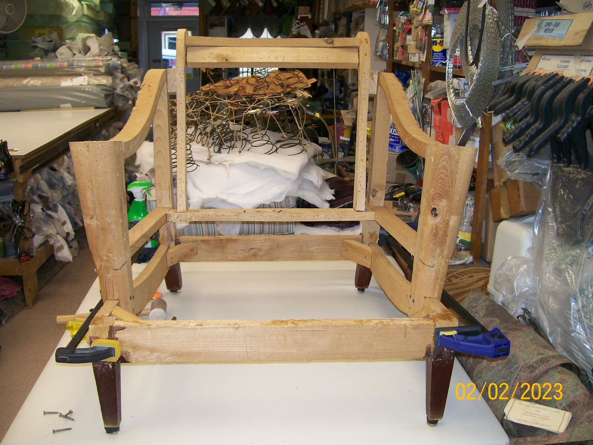 A picture of a chair being built