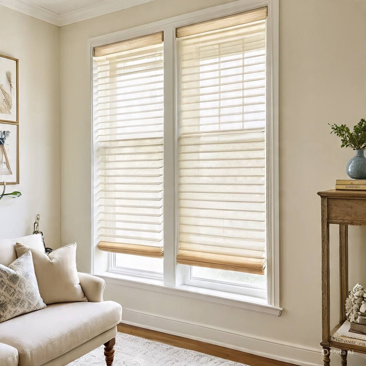 Two windows with light beige blinds in a cream-colored room, with a chair and side table.