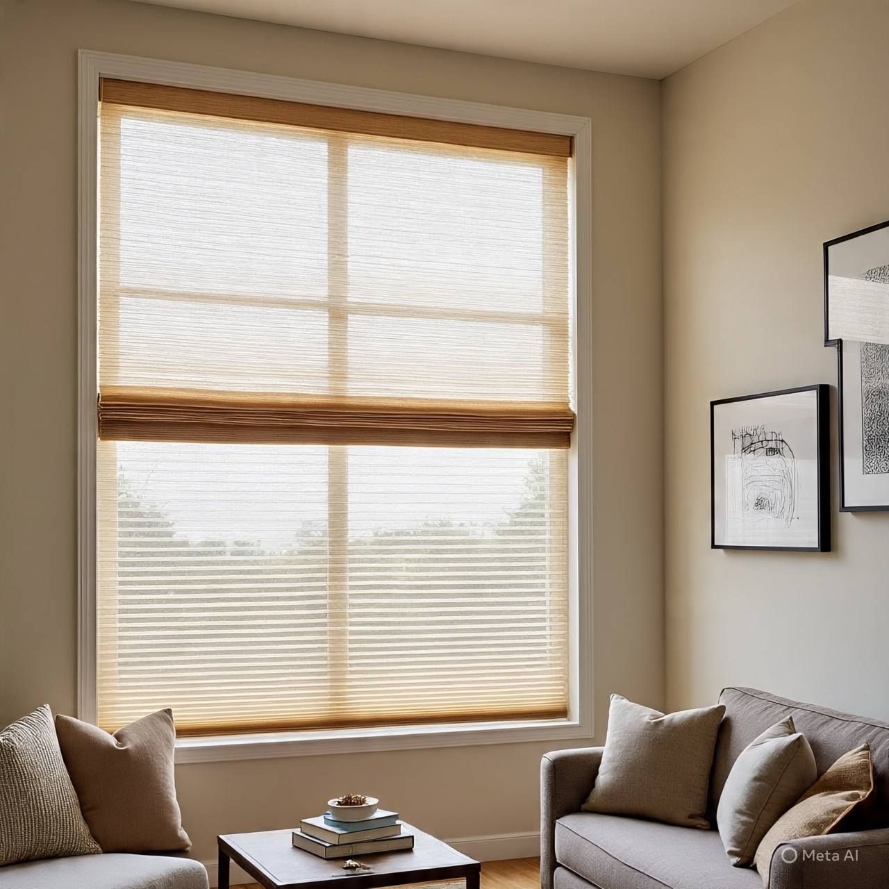 Room with window; light brown woven shades; small table and sofa, framed art on wall.