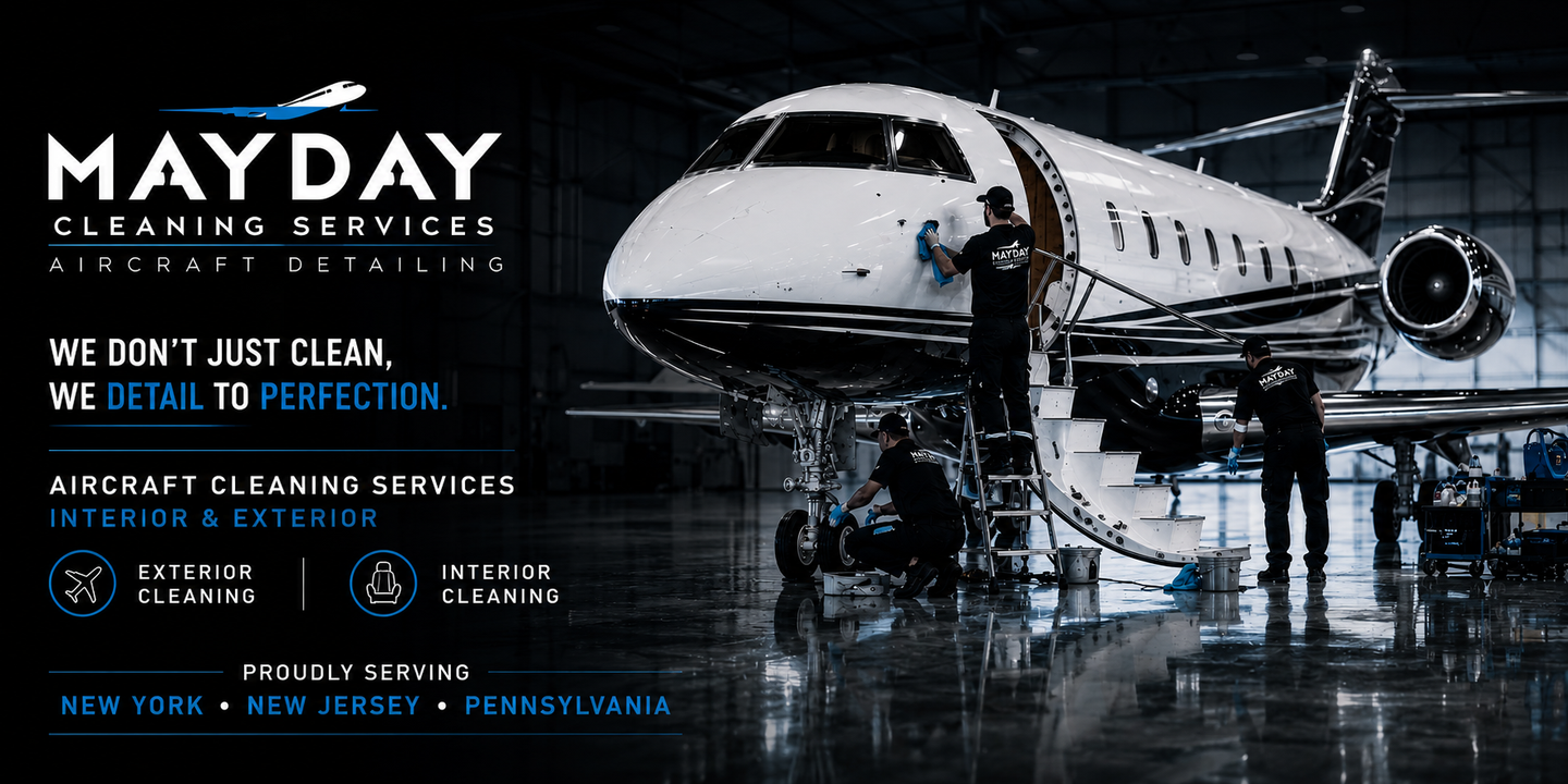 Mayday Cleaning Services ad with navy, gold and white branding, home cleaning photos, service list, and phone number.