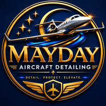 Gold and blue Mayday Cleaning Services logo with house, stars, and sweeping swoosh