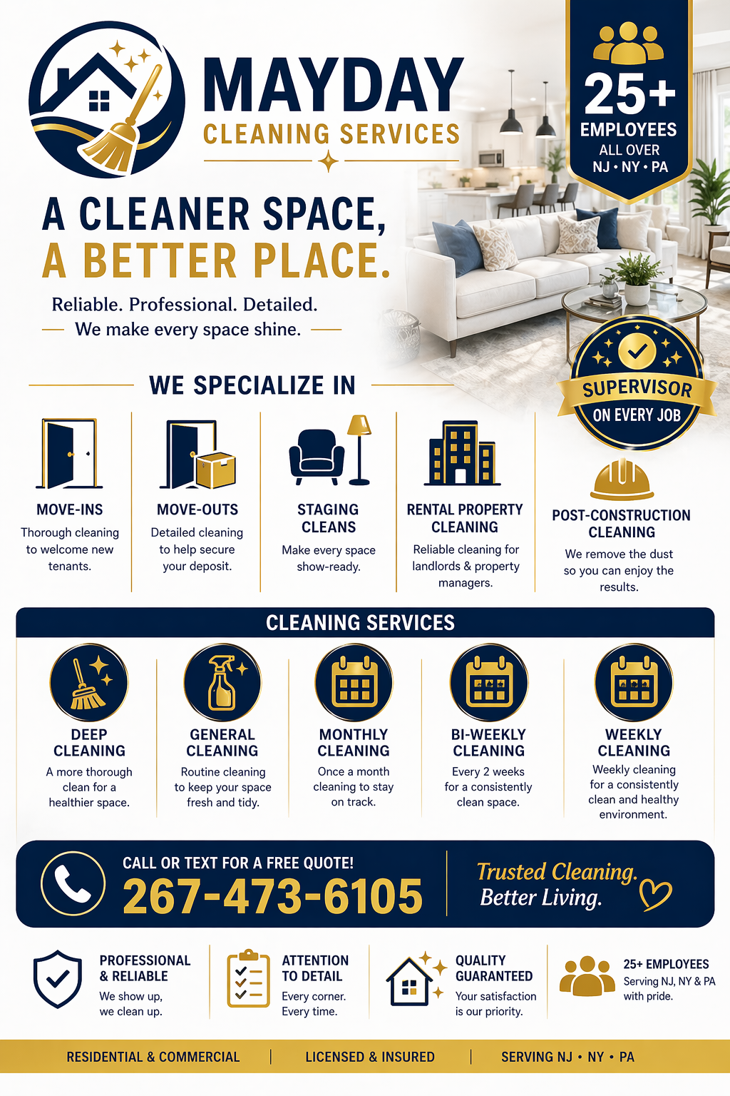 Mayday Cleaning Services flyer with blue and gold branding, service icons, and phone number 267-473-6105