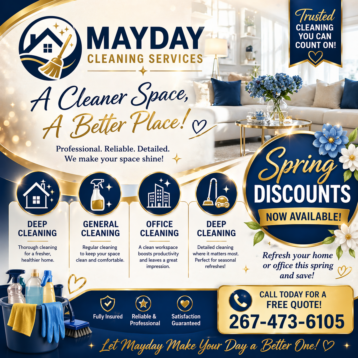 Mayday Cleaning Services ad with spring discounts, blue-and-gold branding, and phone number 267-473-6105