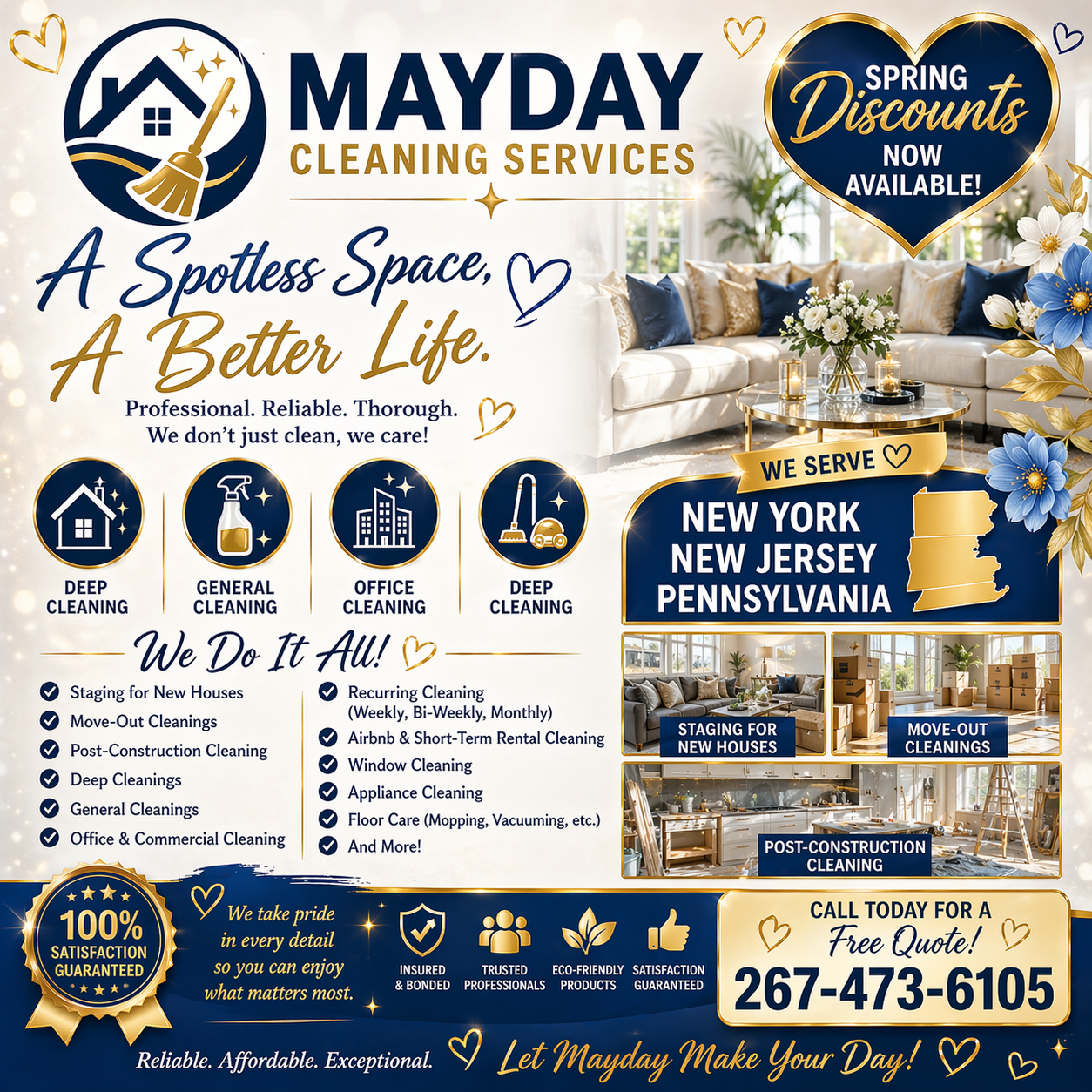 Mayday Cleaning Services ad for spotless spaces in NY and NJ, with gold-and-navy cleaning visuals and contact number.