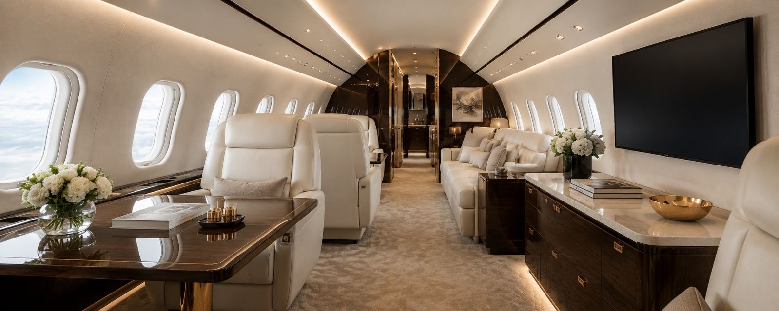 Luxurious private jet cabin with white leather seats, wood tables, and a large wall-mounted screen