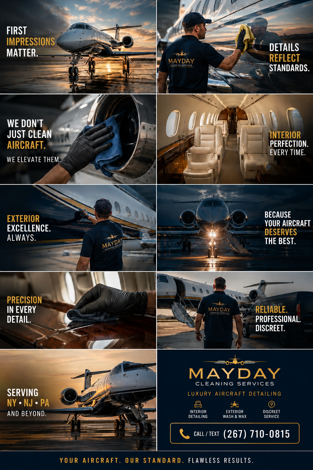 Mayday roofing emergency ads with worker on roof and storm damage photos, in orange and navy tones