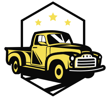 Yellow vintage pickup truck inside a black and white diamond shape with three yellow stars.