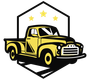 Yellow vintage pickup truck inside a black and white diamond shape with three yellow stars.