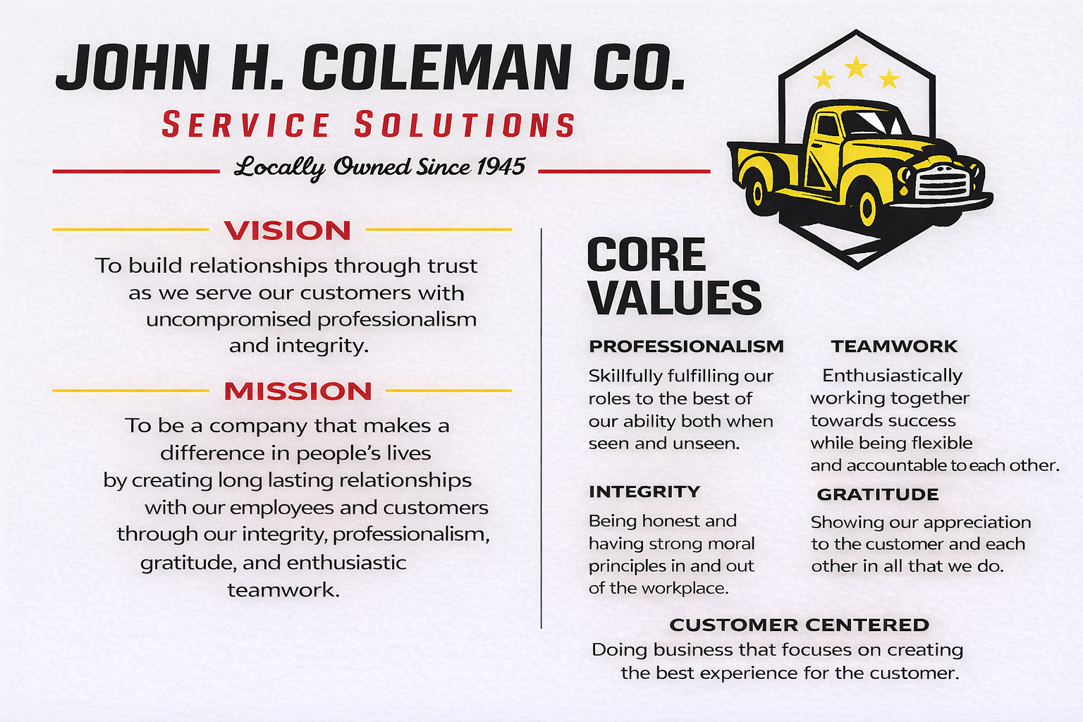 John H. Coleman Co. service solutions graphic with vision, mission, core values, and a yellow truck graphic.