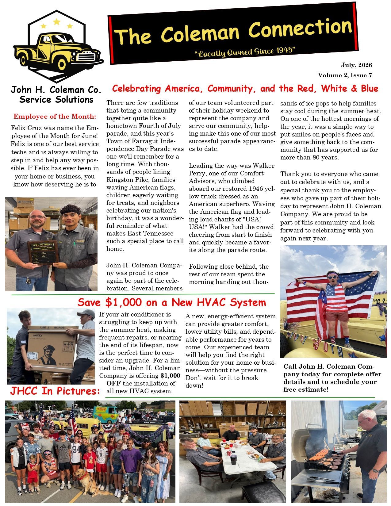 Newsletter cover for John H. Coleman Service Solutions, with photos, headline text, and an American flag HVAC promotion