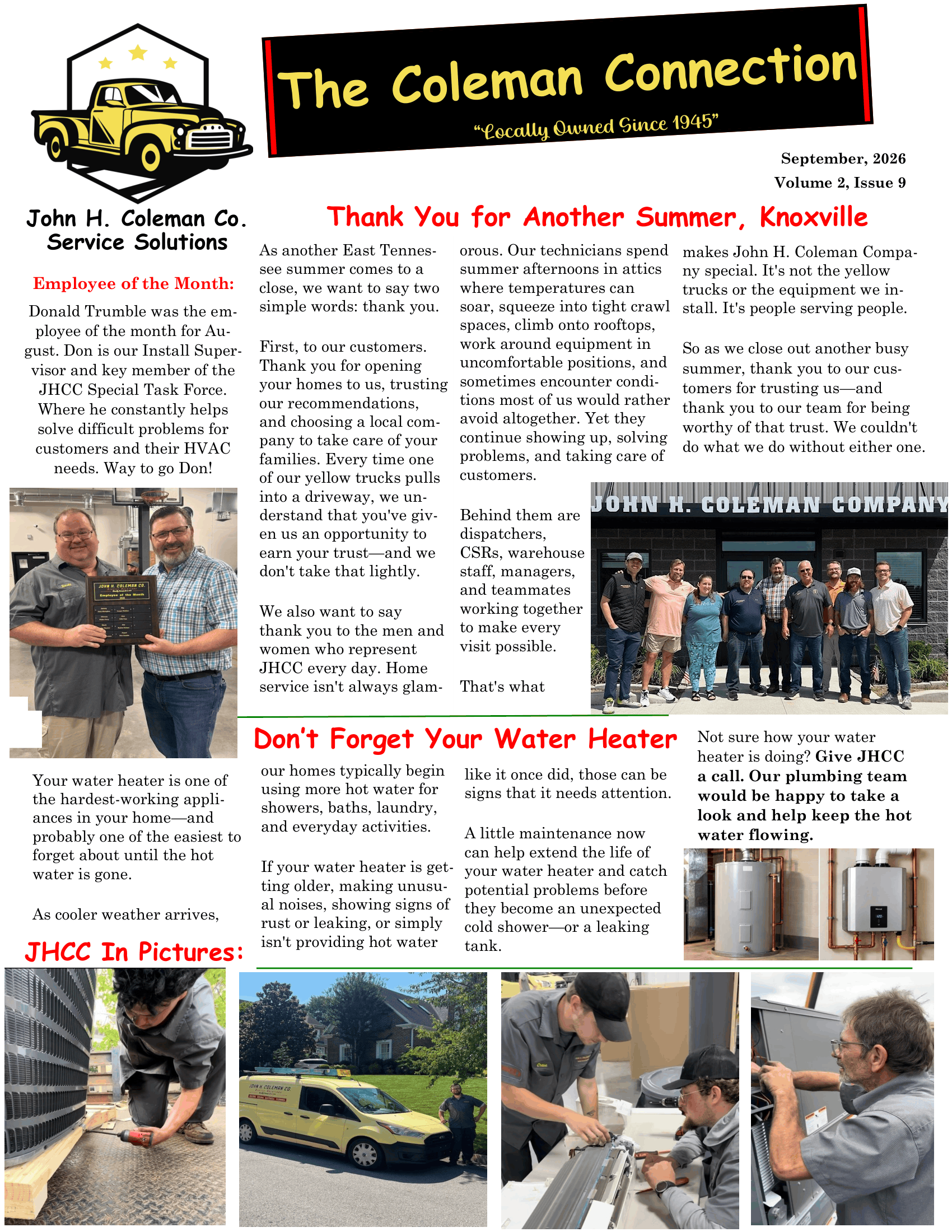 Newsletter page titled “The Coleman Connection” with photos of people, cars, and service scenes.