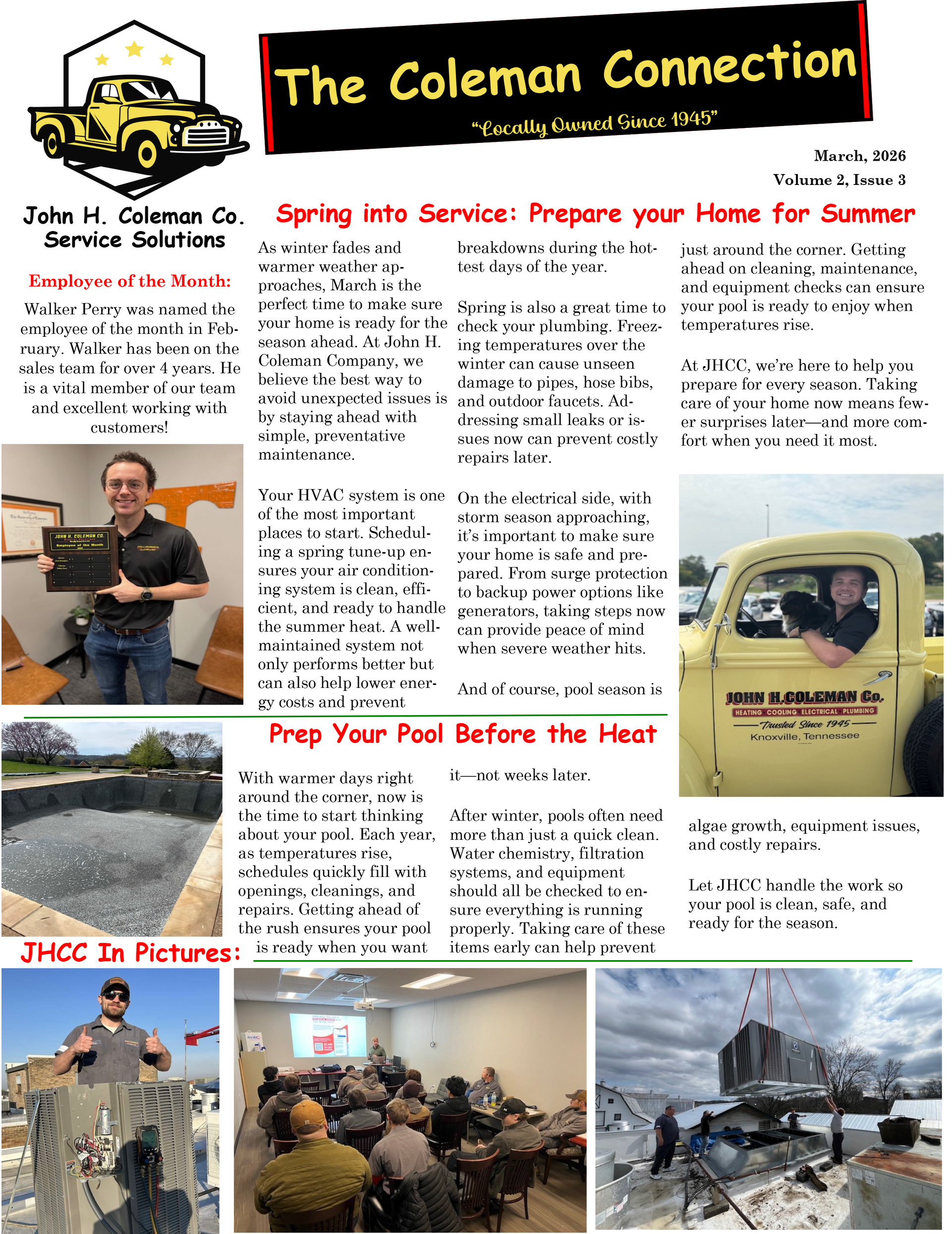 Newsletter titled The Coleman Connection featuring photos of staff, equipment, and home maintenance tips for spring.