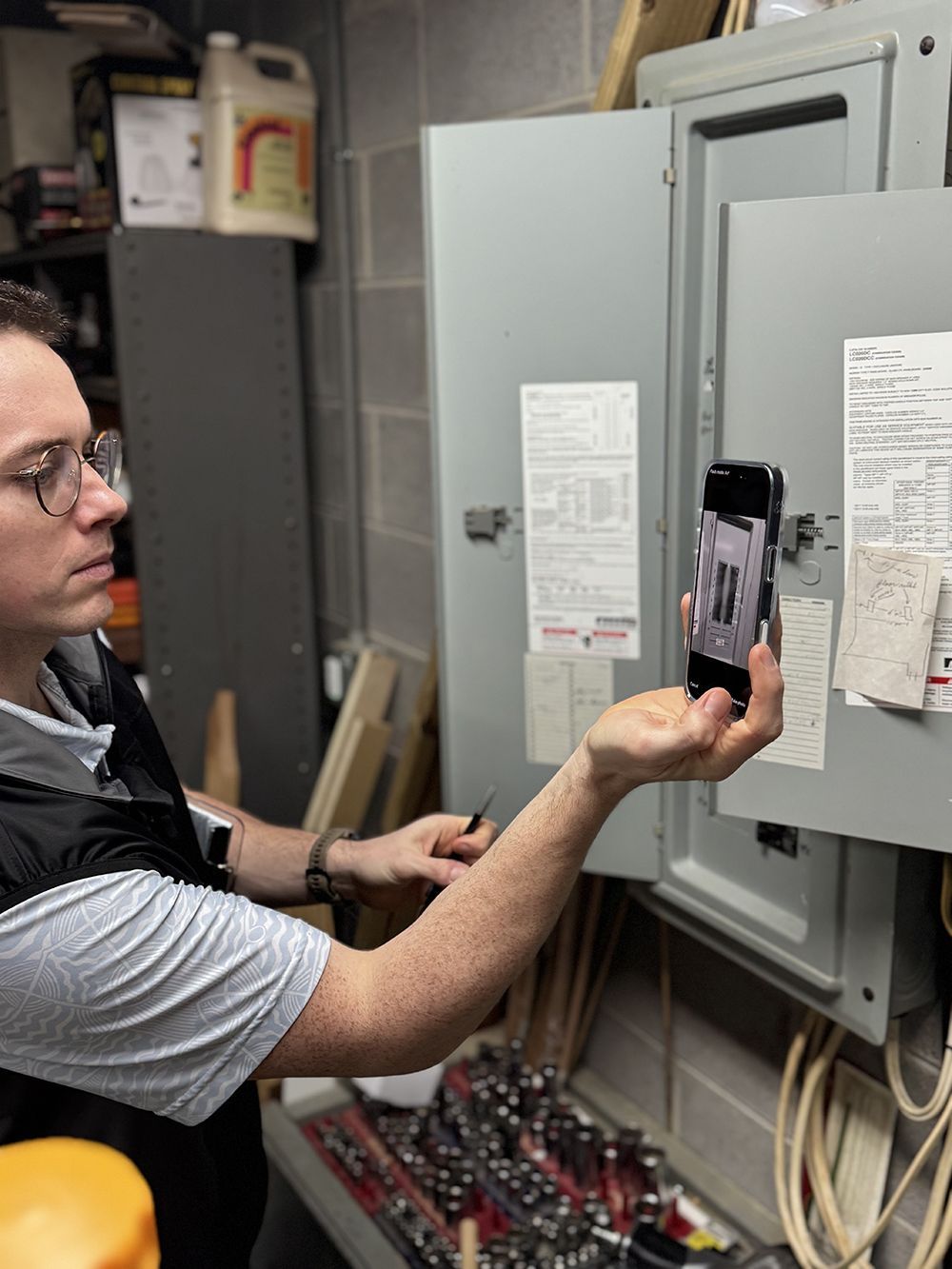 Man using phone to photograph electrical panel in a basement.