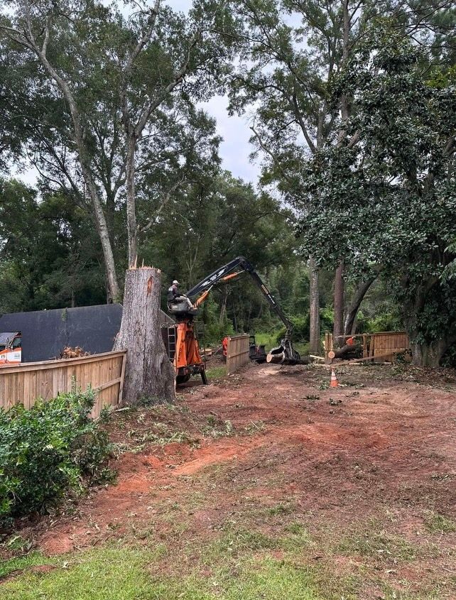 A large tree stump is being removed from a yard.