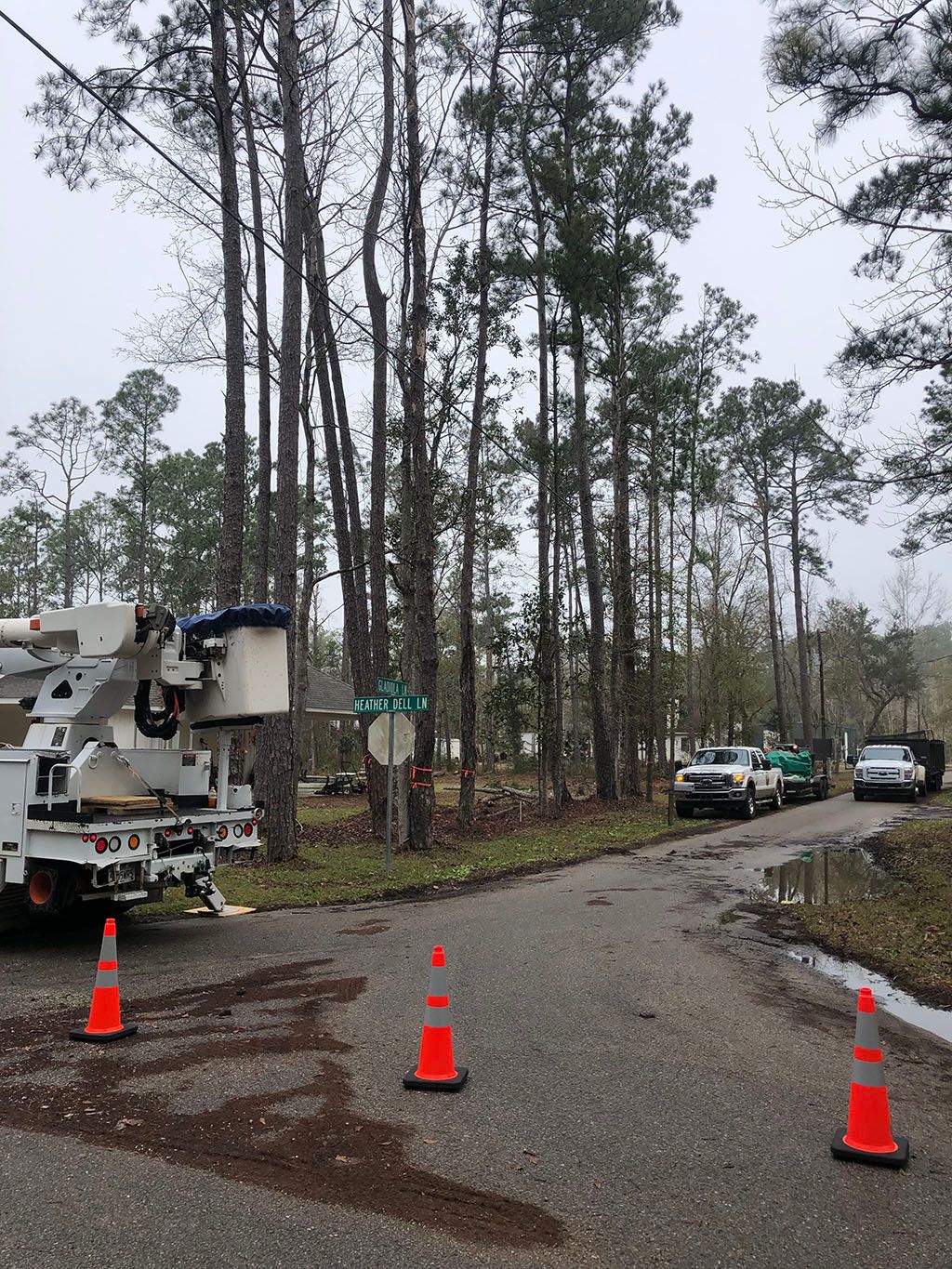 A utility truck is parked on the side of a road next to a row of orange cones.