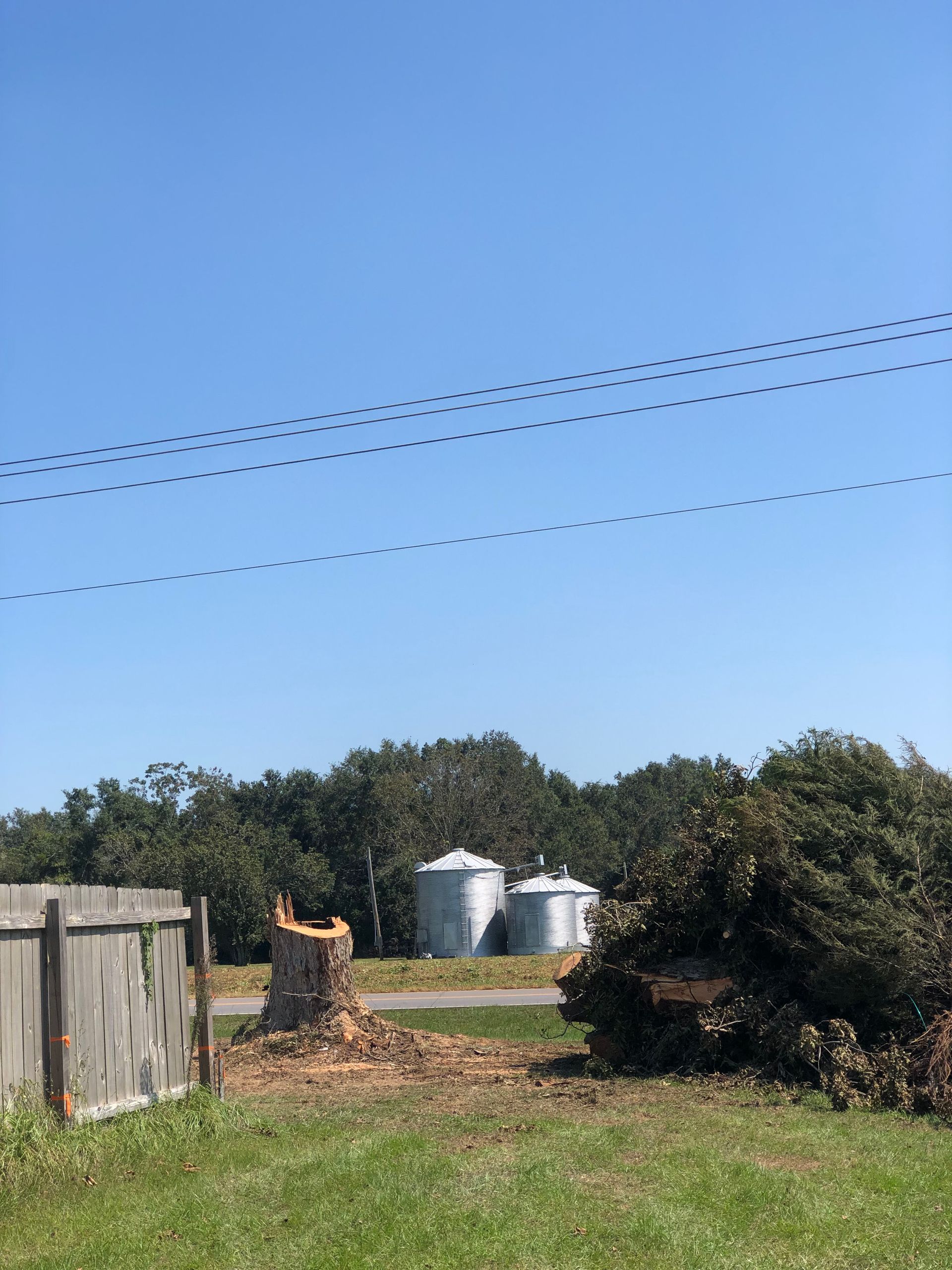 A fenced in area with a stump in the foreground and silos in the background
