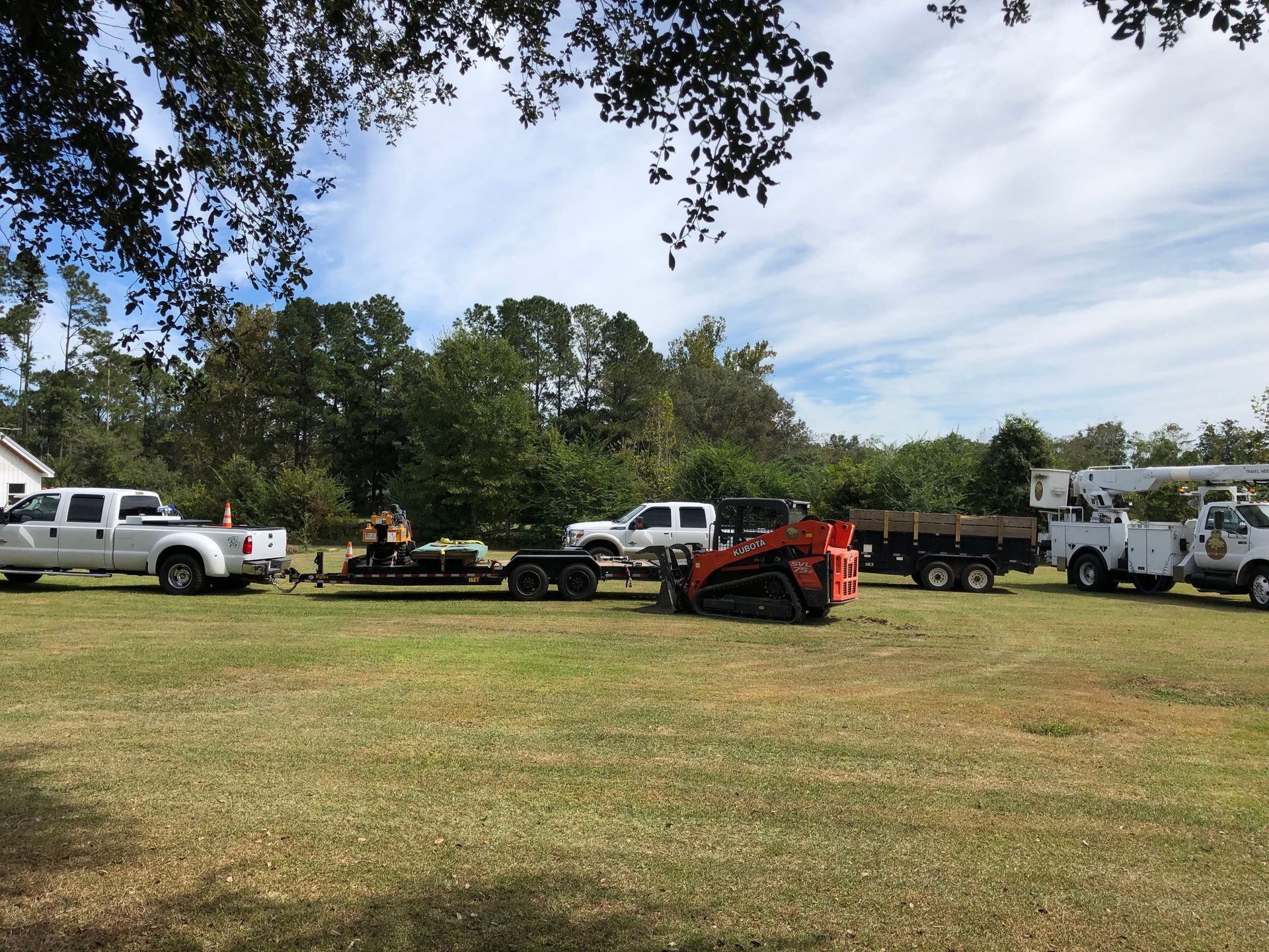 A row of trucks are parked in a grassy field