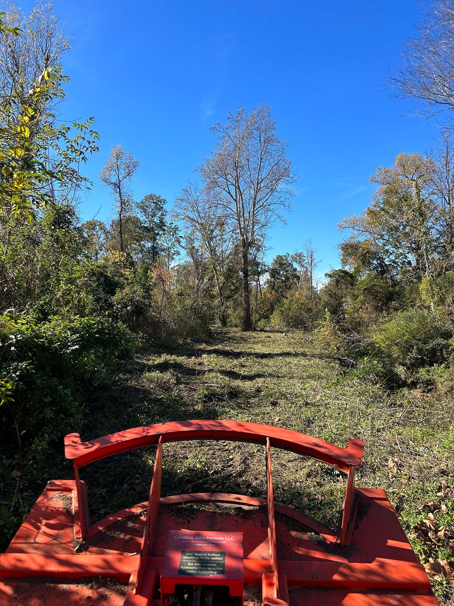 A red boat is sitting in the middle of a forest.