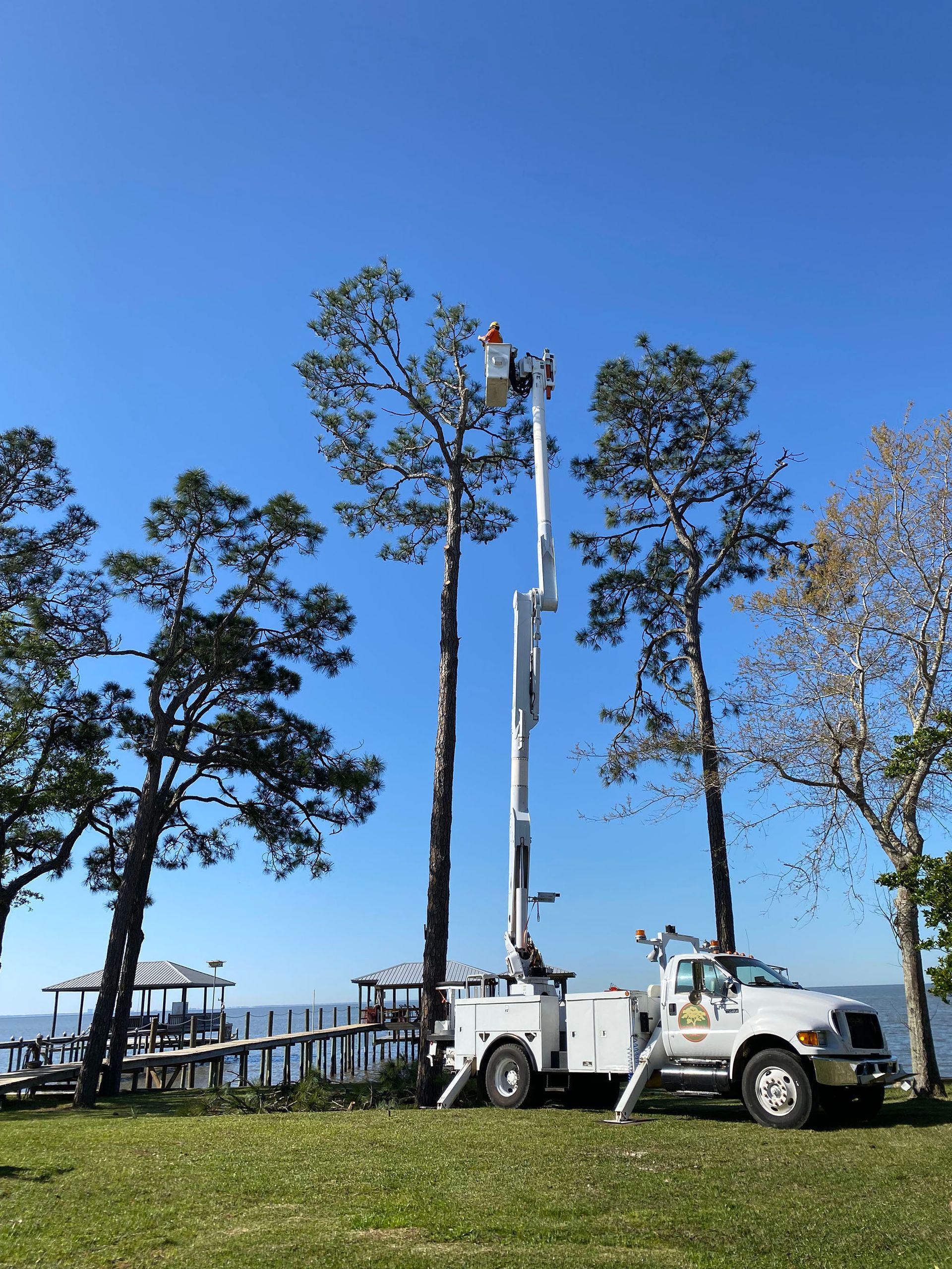 A white truck with a crane attached to it is parked in a grassy field