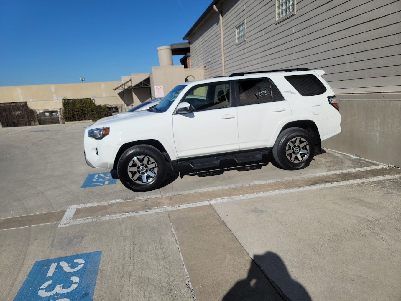 A white suv is parked in a handicapped parking spot.