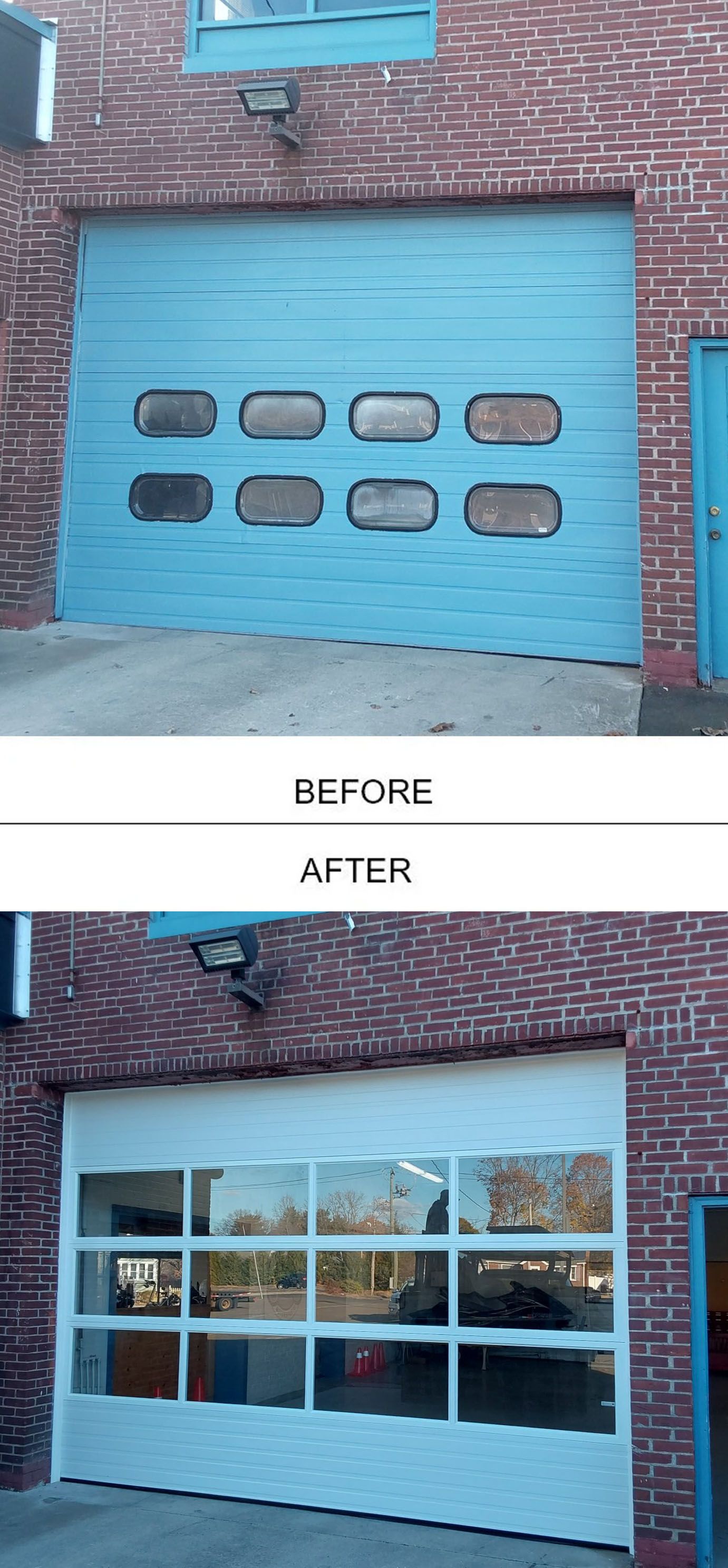 A before and after picture of a garage door on a brick building.