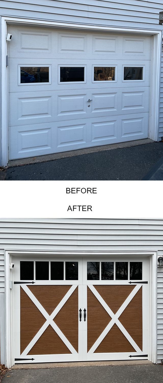 A before and after picture of a garage door.