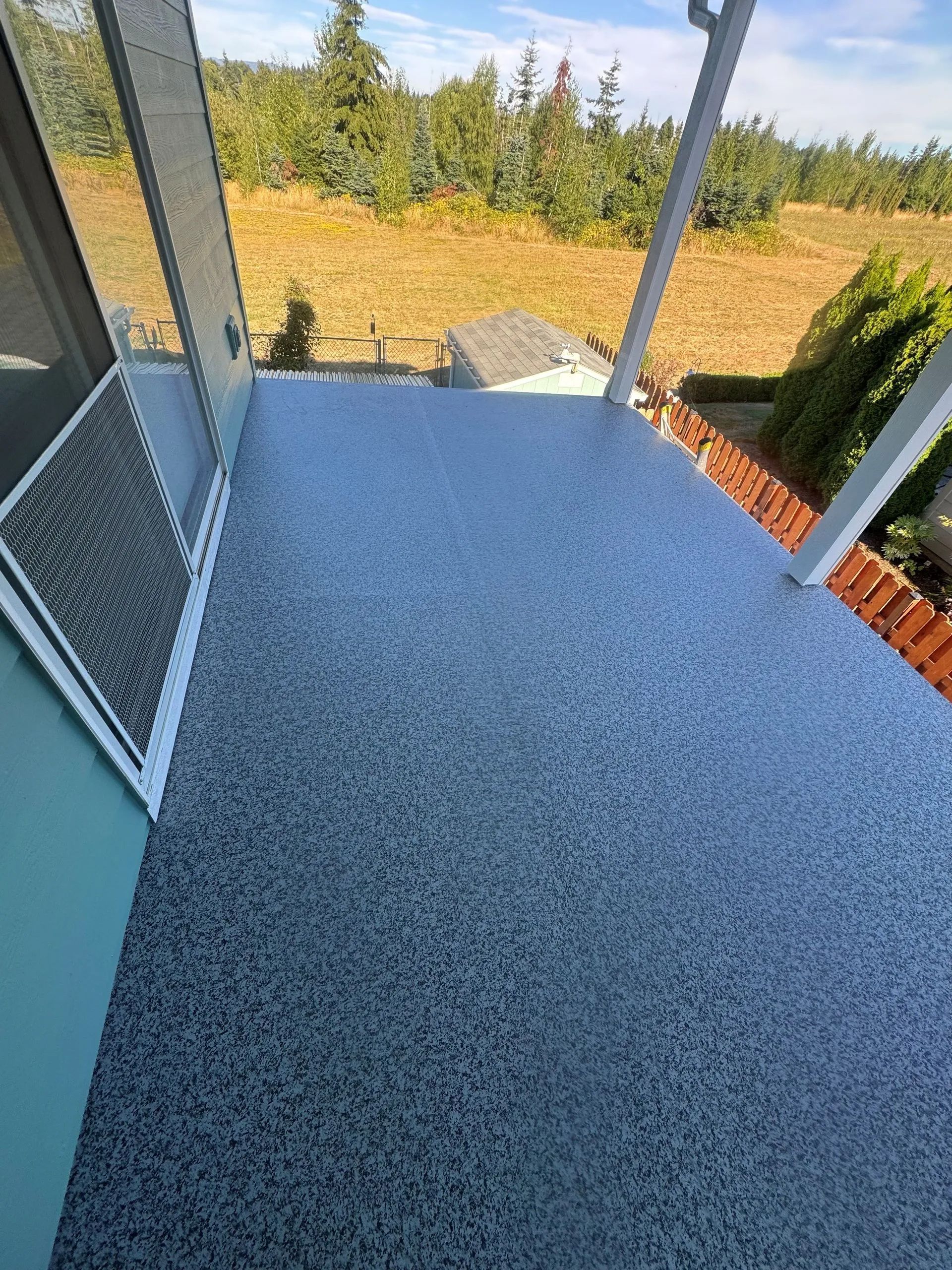 Small covered balcony with blue floor, glass railing, and a view of trees and dry grass outside