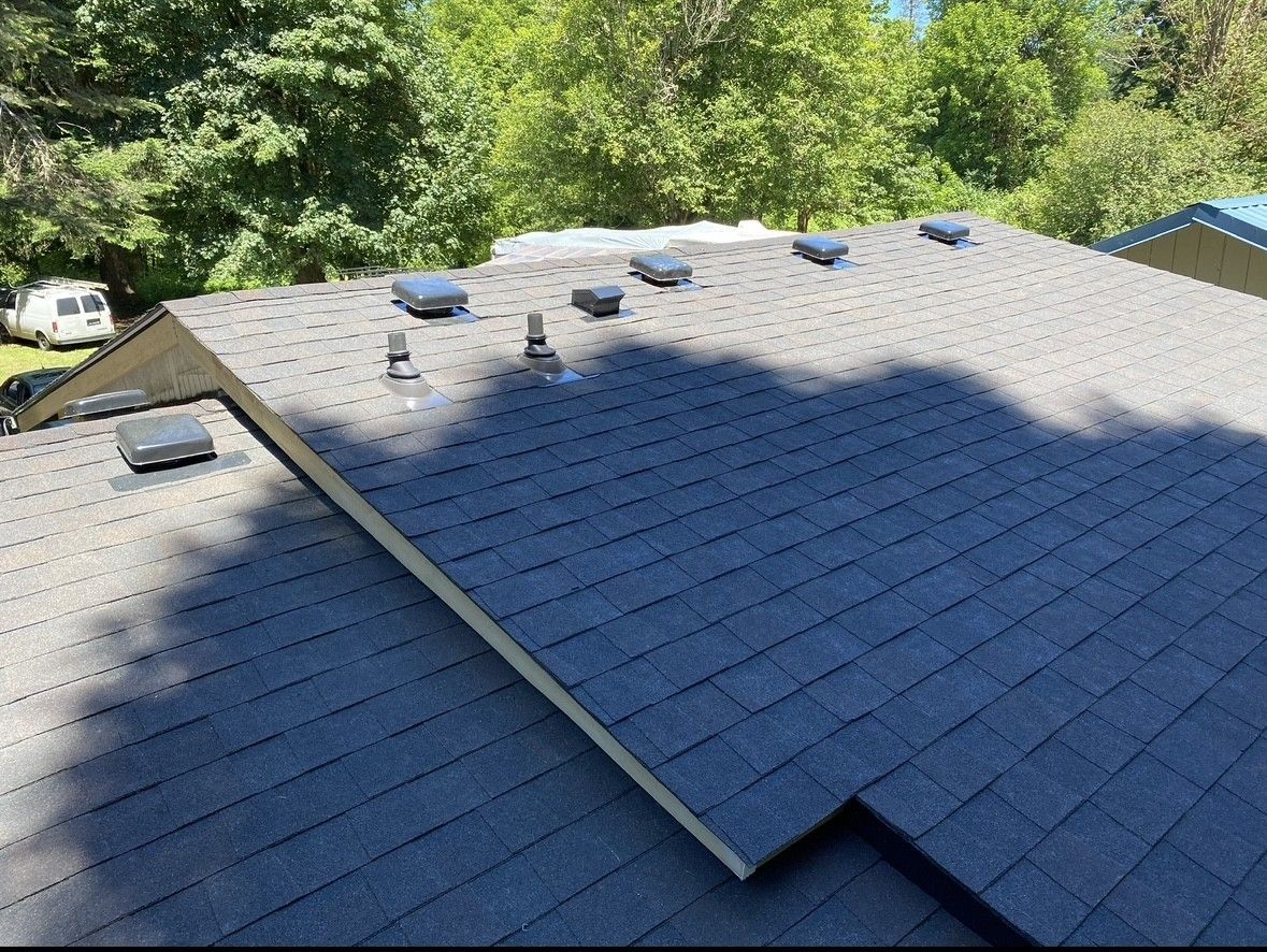 Blue shingled roof with multiple vents and a triangular section in a wooded area
