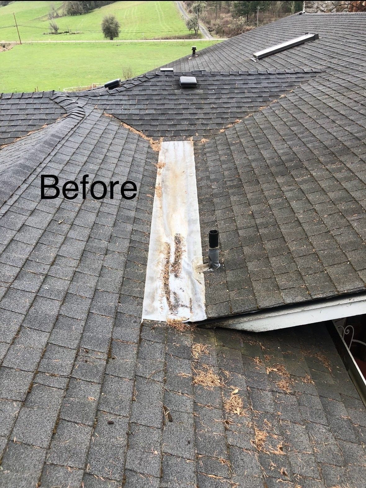 Roof with damaged shingles and a rusted metal patch, labeled “Before” near the valley.